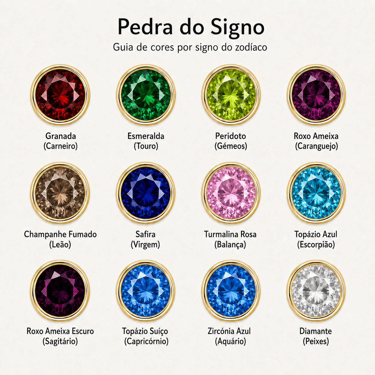 Guia de cores das pedras dos signos dos colares.