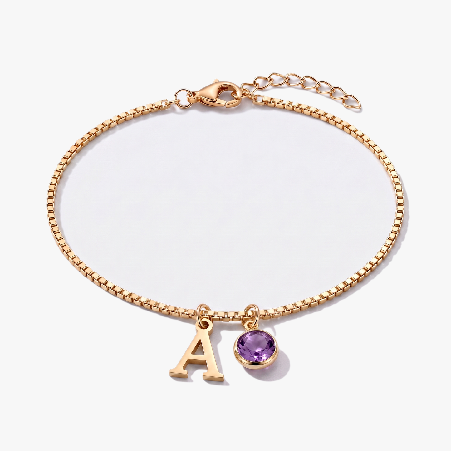 Pulseira letra A dourada com pedra de nascimento Fevereiro — Ametista