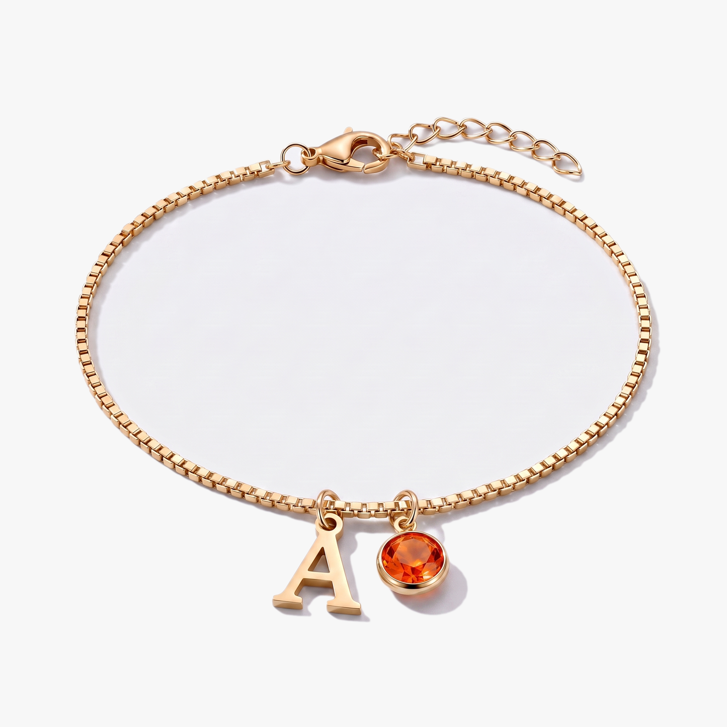 Pulseira letra A dourada com pedra de nascimento Julho — Rubi