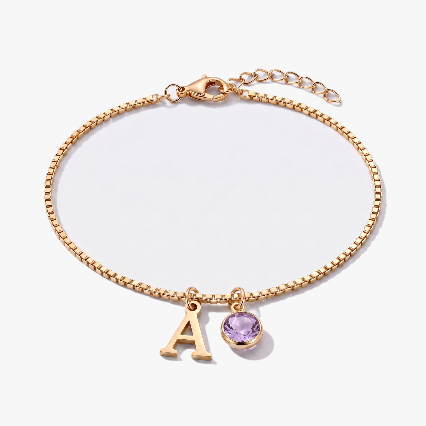 Pulseira letra A dourada com pedra de nascimento Junho — Alexandrite