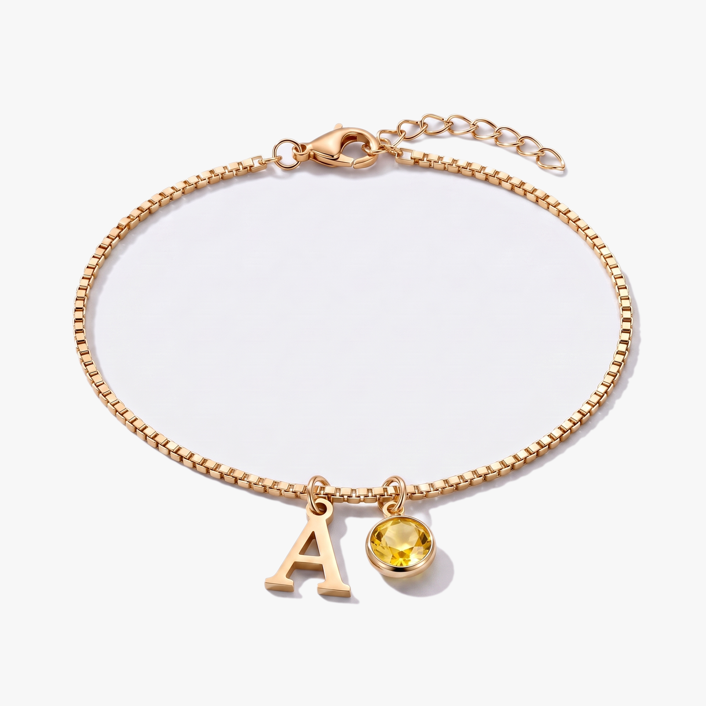 Pulseira letra A dourada com pedra de nascimento Novembro — Citrino