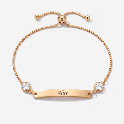 Pulseira Personalizada com Nome, Chapa e Pedra de Nascimento dourada — Abril, Diamante — chapa gravável e duas pedras