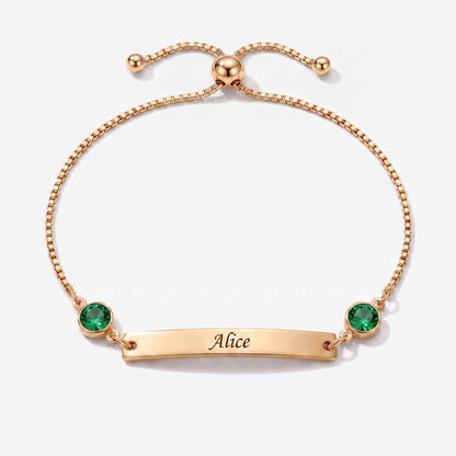 Pulseira Personalizada com Nome, Chapa e Pedra de Nascimento dourada — Agosto, Peridoto — chapa gravável e duas pedras
