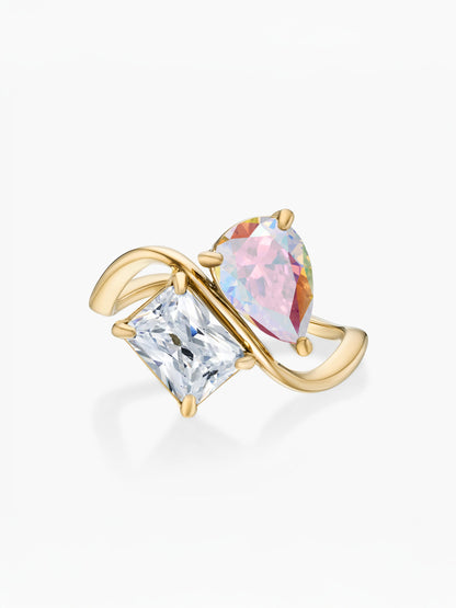 Anel duas pedras Junho-Alexandrite (pera) e Abril-Diamante (retângulo) dourado