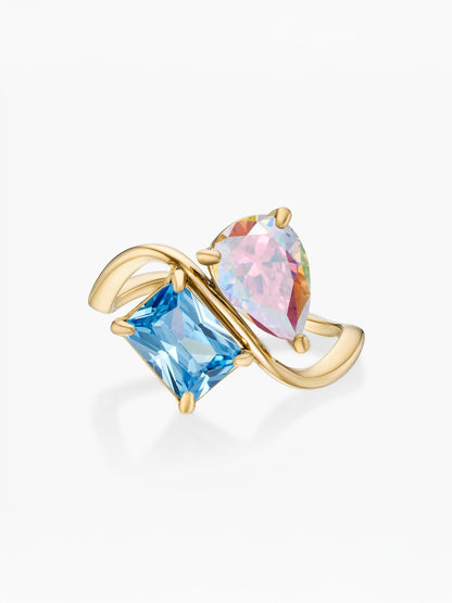 Anel duas pedras Junho-Alexandrite (pera) e Dezembro-Topázio Azul (retângulo) dourado