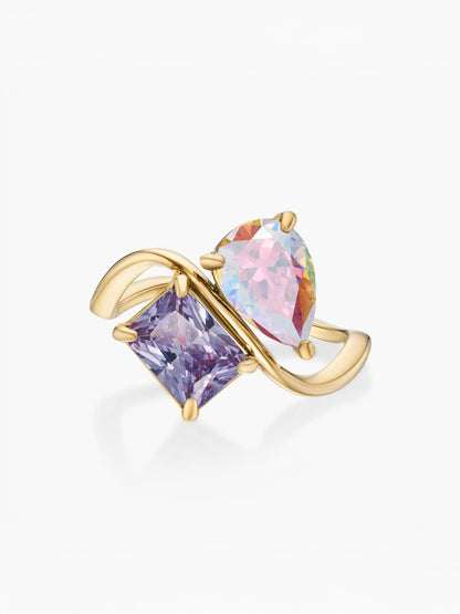 Anel duas pedras Junho-Alexandrite (pera) e Fevereiro-Ametista (retângulo) dourado