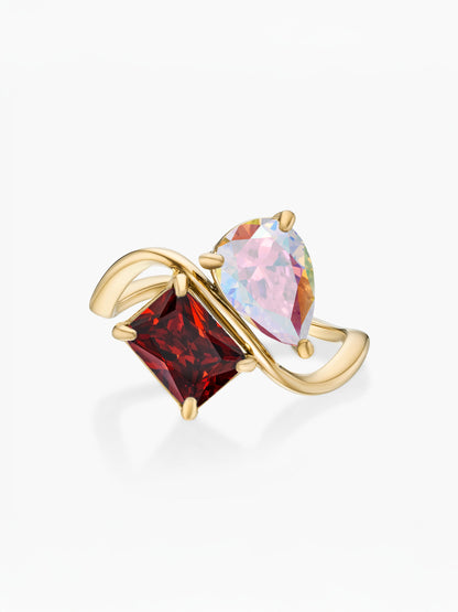 Anel duas pedras Junho-Alexandrite (pera) e Janeiro-Granada (retângulo) dourado