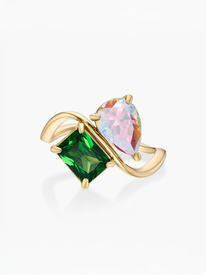 Anel duas pedras Junho-Alexandrite (pera) e Maio-Esmeralda (retângulo) dourado
