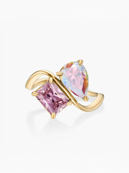 Anel duas pedras Junho-Alexandrite (pera) e Outubro-Turmalina Rosa (retângulo) dourado