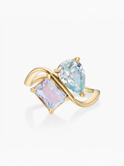 Anel duas pedras Março-Água-marinha (pera) e Junho-Alexandrite (retângulo) dourado
