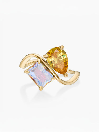 Anel duas pedras Novembro-Citrino (pera) e Junho-Alexandrite (retângulo) dourado