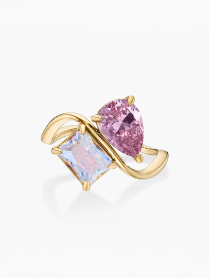 Anel duas pedras Outubro-Turmalina Rosa (pera) e Junho-Alexandrite (retângulo) dourado