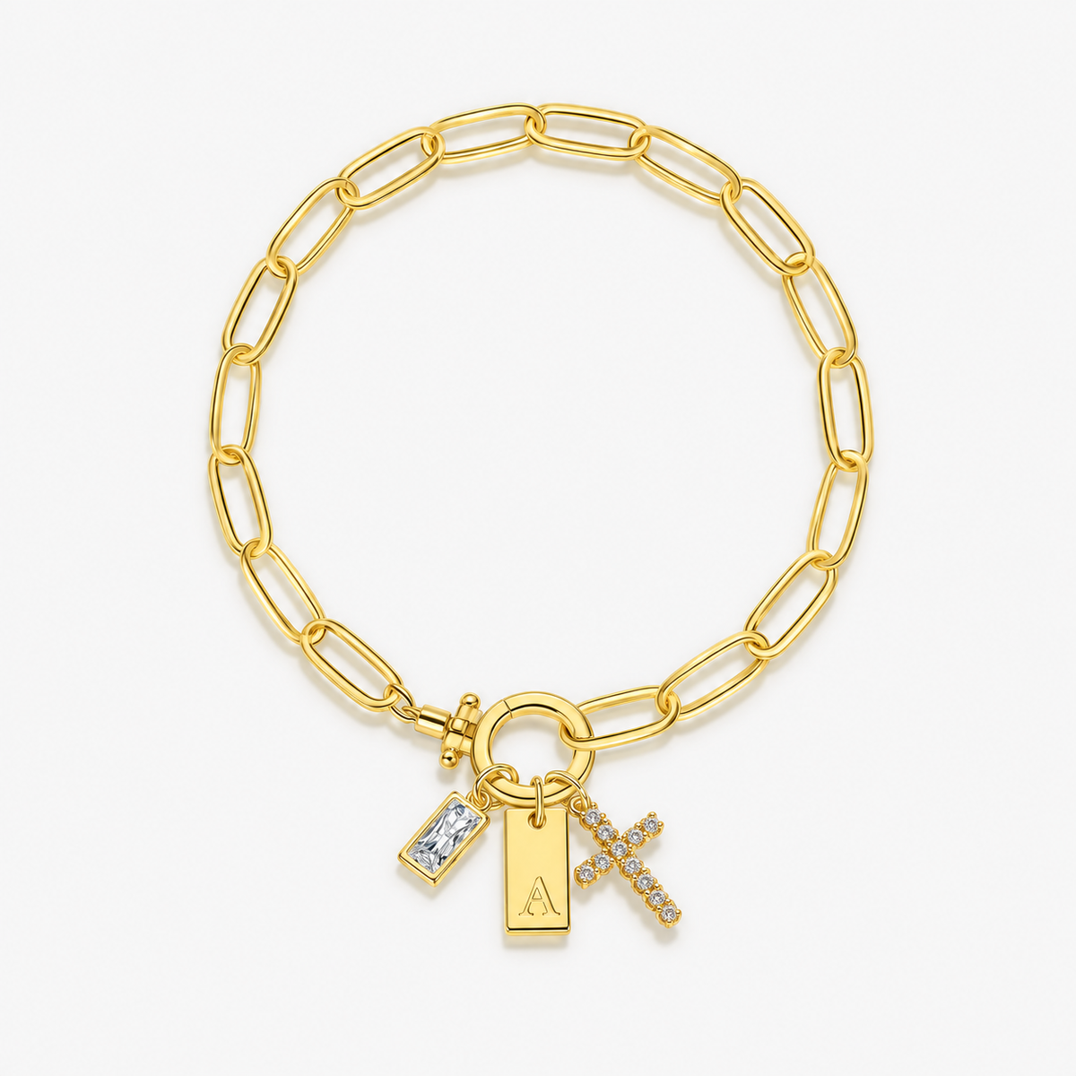 Pulseira dourada com inicial A e cruz