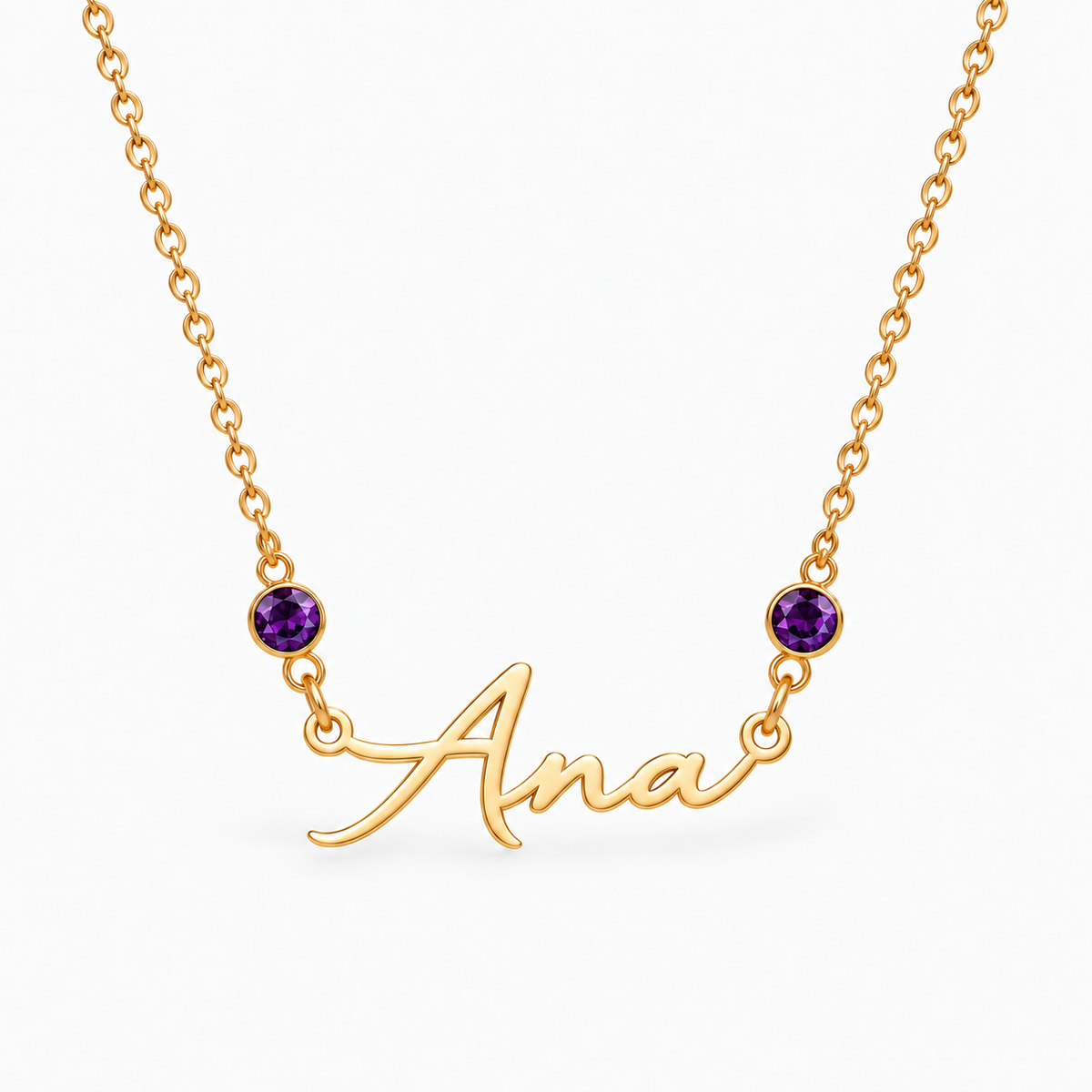 Colar dourado com nome Ana e duas pedras de Fevereiro — Ametista