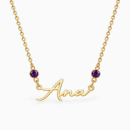 Colar dourado com nome Ana e duas pedras de Fevereiro — Ametista