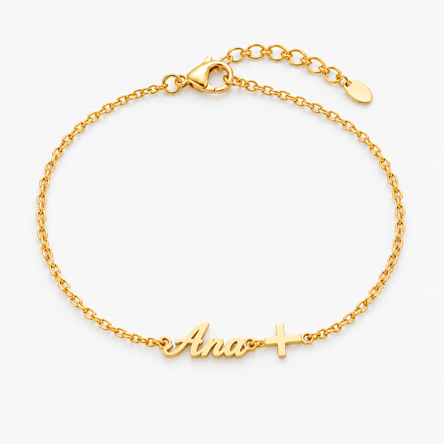 Pulseira dourada personalizada com nome Ana e cruz