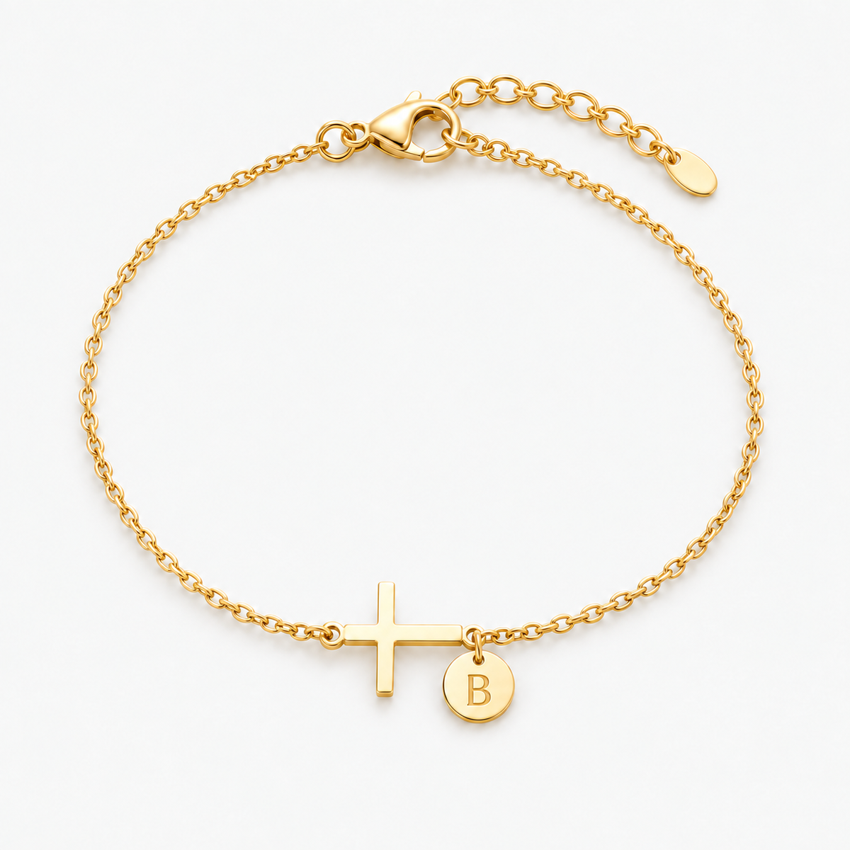 Pulseira personalizada com letra B e cruz — dourada
