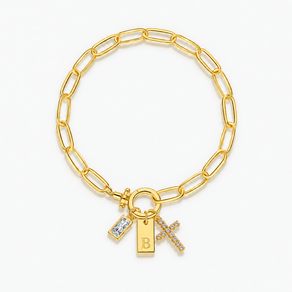 Pulseira dourada com inicial B e cruz