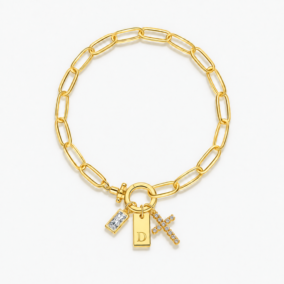 Pulseira dourada com inicial D e cruz