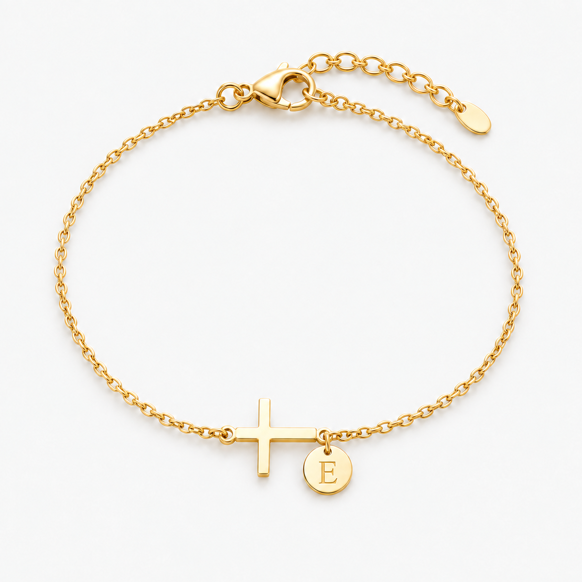 Pulseira personalizada com letra E e cruz — dourada