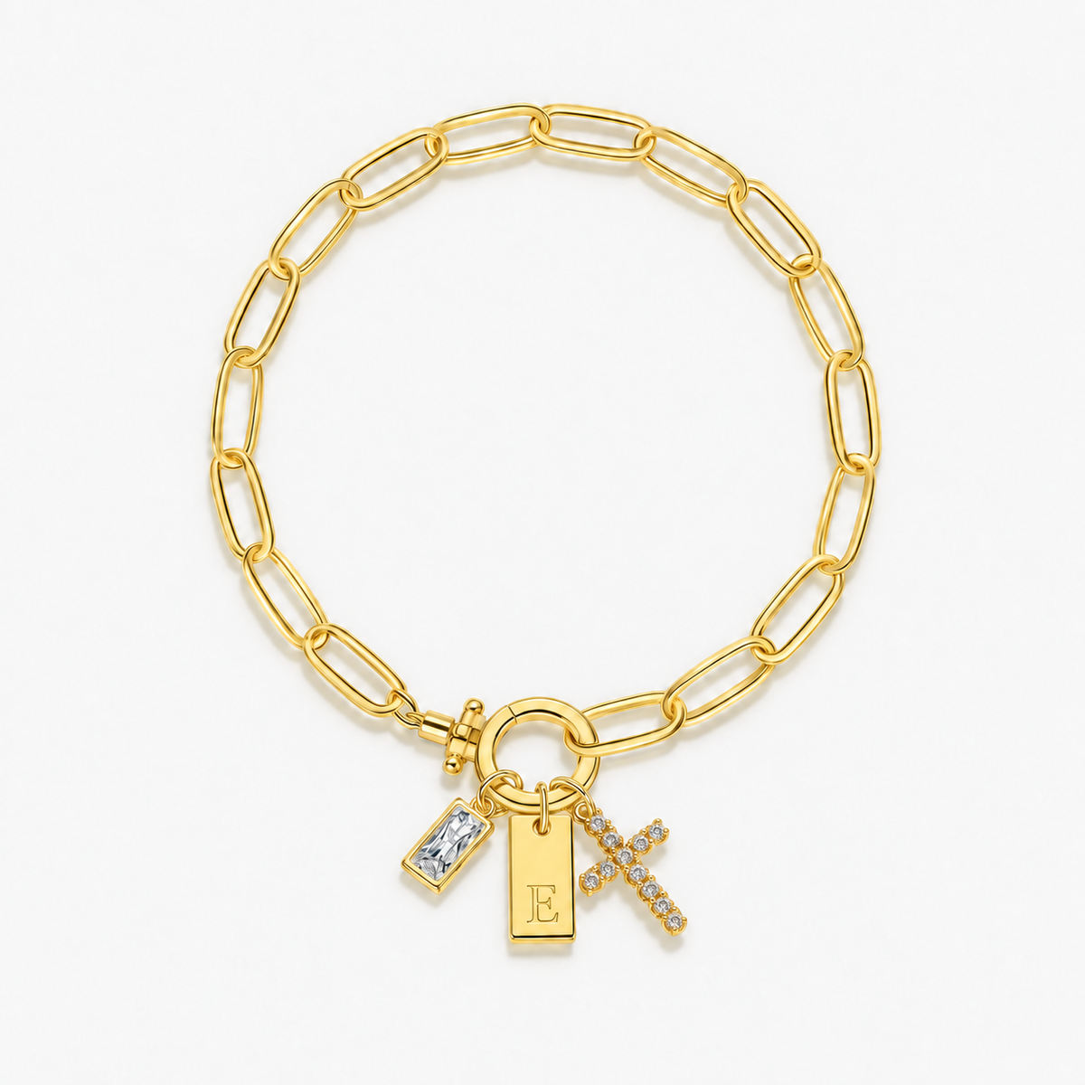 Pulseira dourada com inicial E e cruz