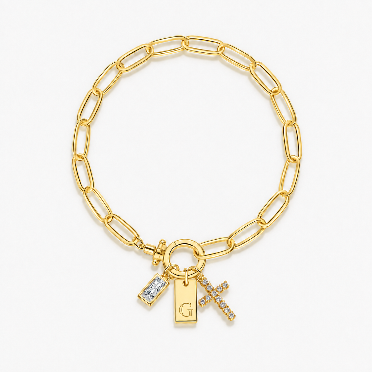 Pulseira dourada com inicial G e cruz