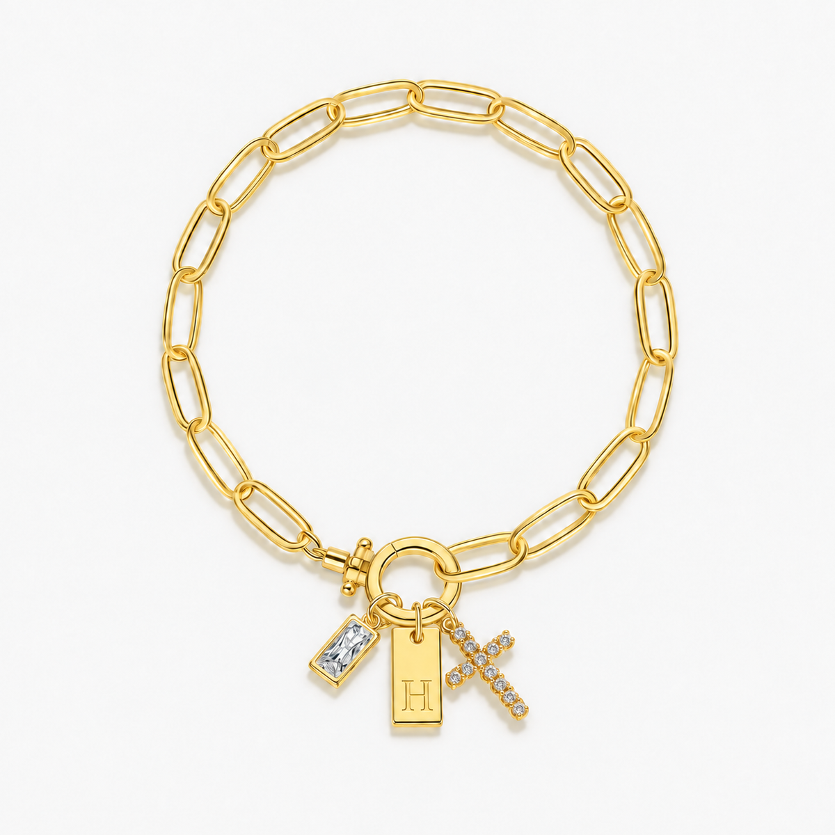 Pulseira dourada com inicial H e cruz