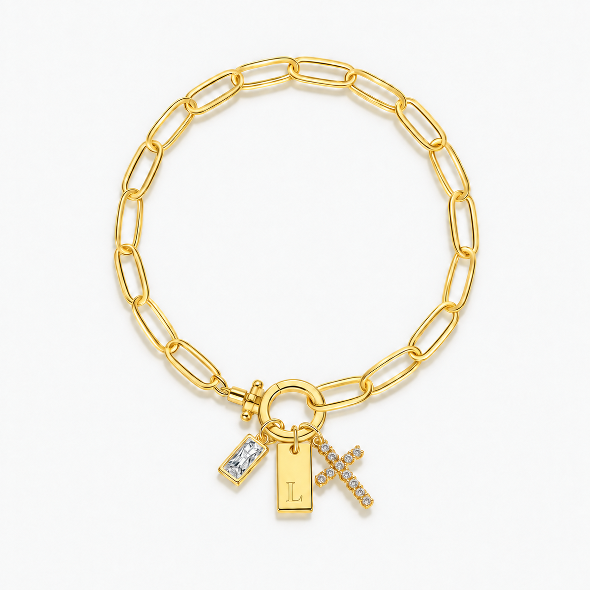 Pulseira dourada com inicial L e cruz