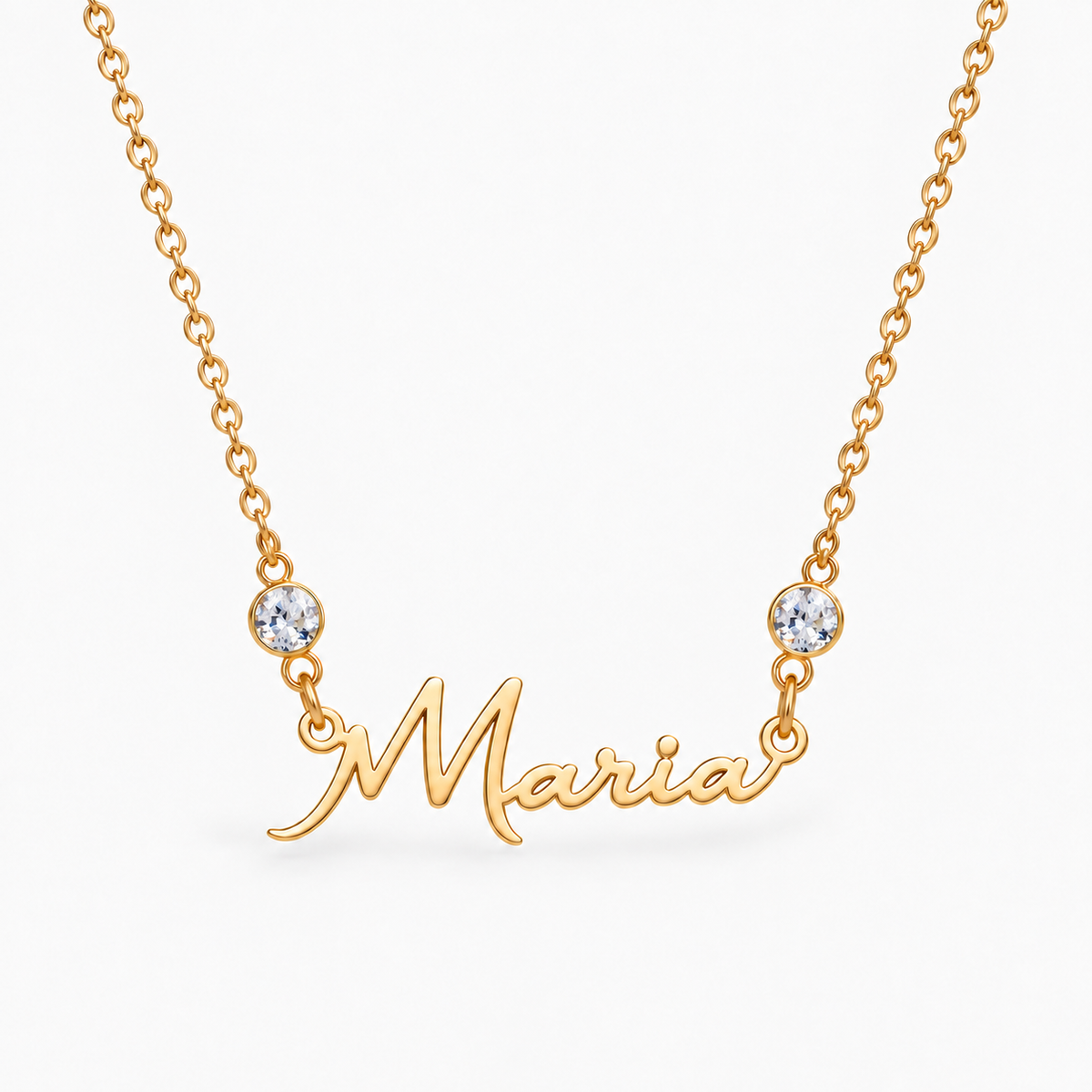 Colar dourado com nome Maria e duas pedras — Abril — Diamante
