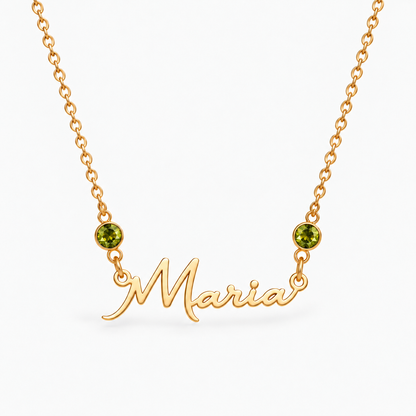 Colar dourado com nome Maria e duas pedras — Agosto — Peridoto