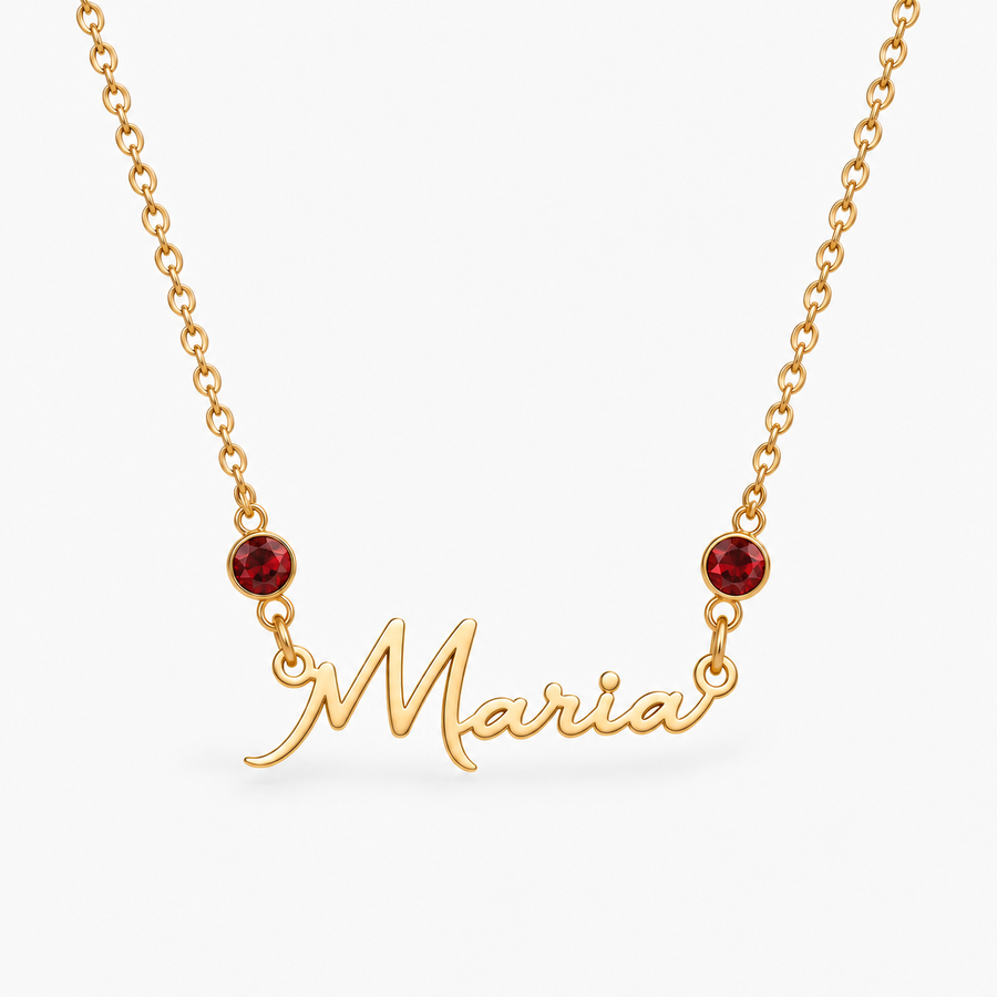 Colar dourado com nome Maria e duas pedras — Janeiro — Granada