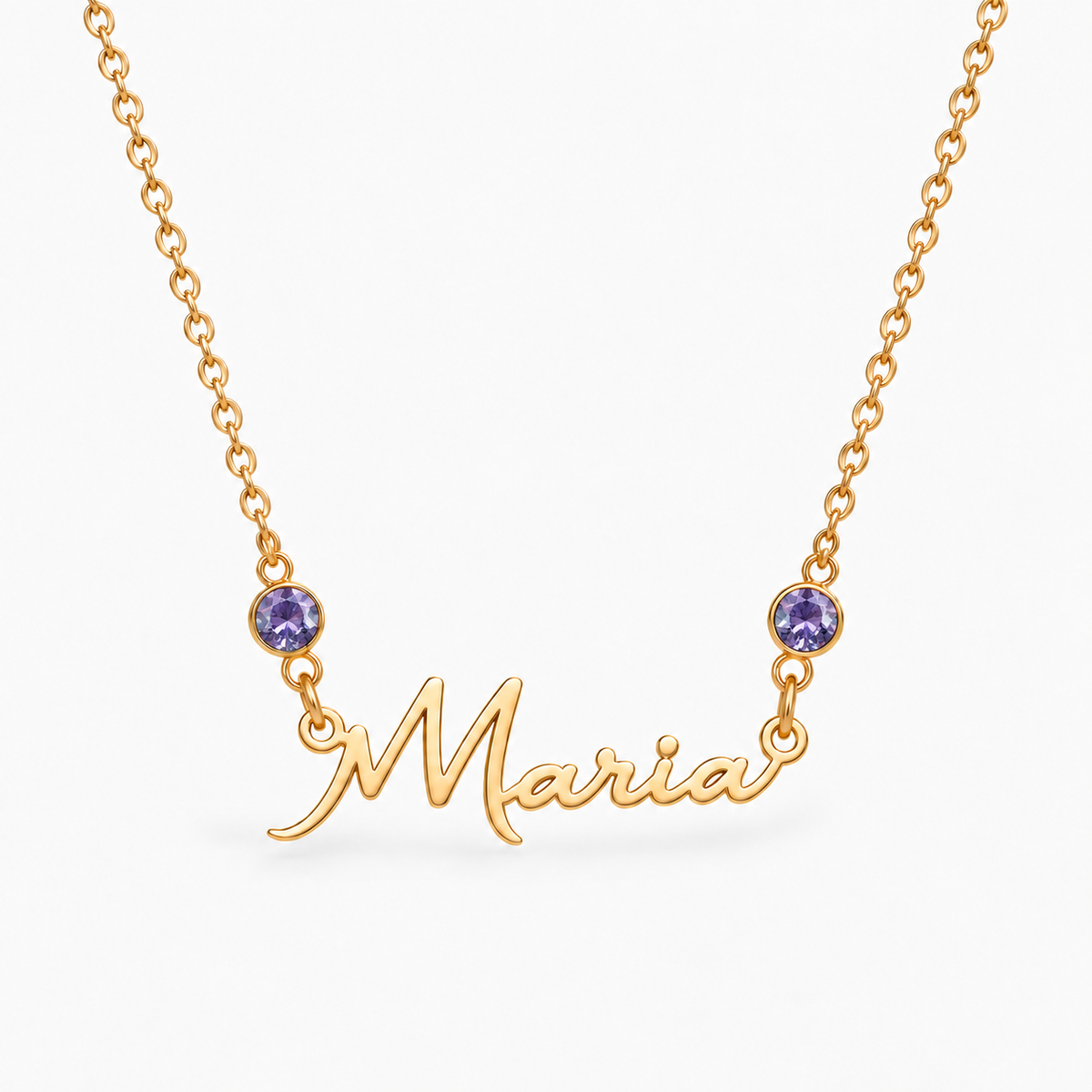 Colar dourado com nome Maria e duas pedras — Junho — Alexandrite