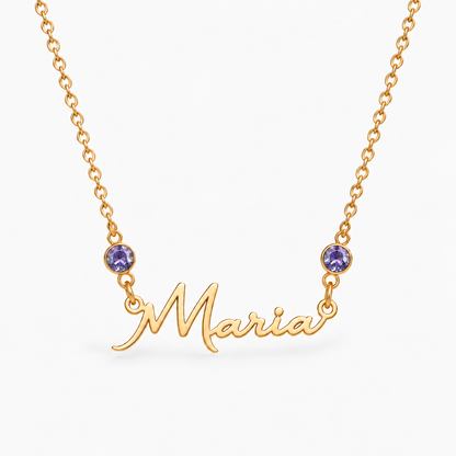Colar dourado com nome Maria e duas pedras — Junho — Alexandrite