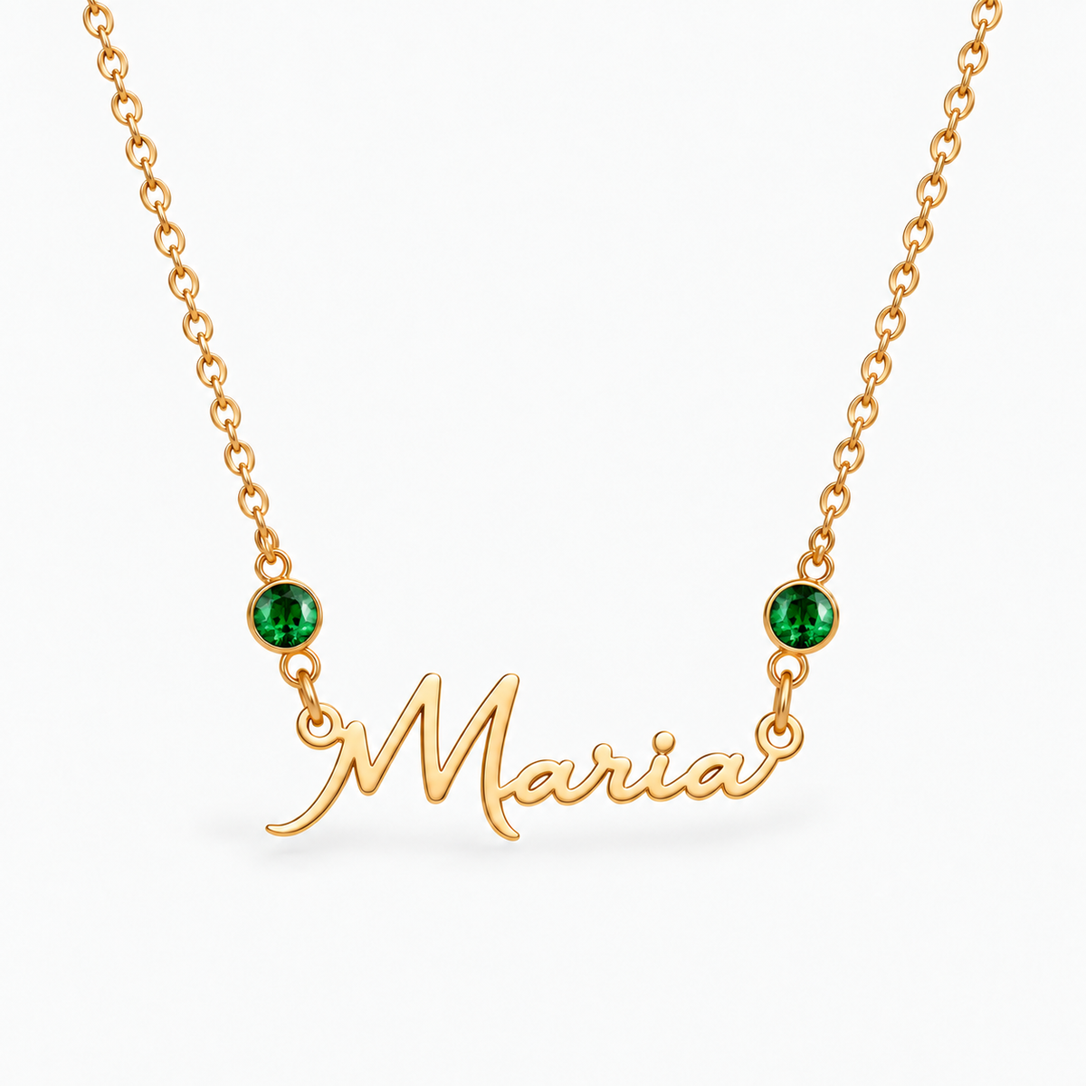 Colar dourado com nome Maria e duas pedras — Maio — Esmeralda
