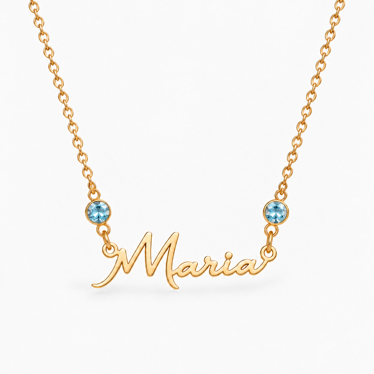 Colar dourado com nome Maria e duas pedras — Março — Água-marinha