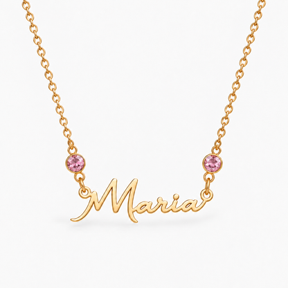 Colar dourado com nome Maria e duas pedras — Outubro — Turmalina Rosa