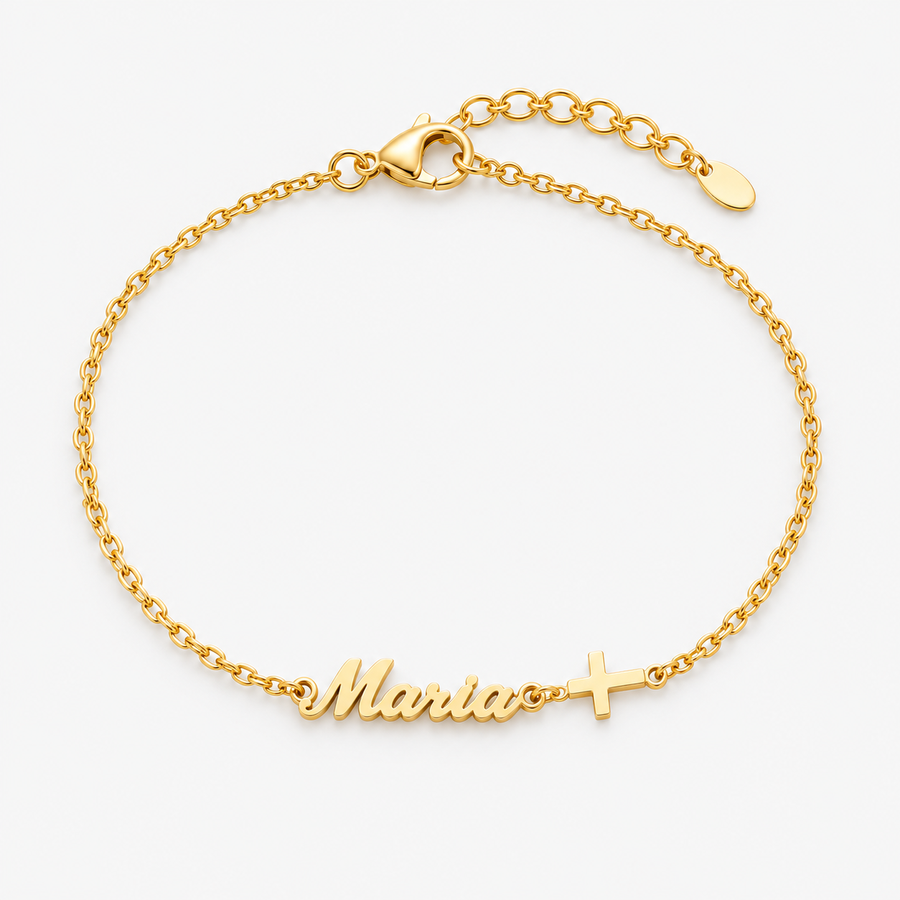 Pulseira dourada personalizada com nome Maria e cruz