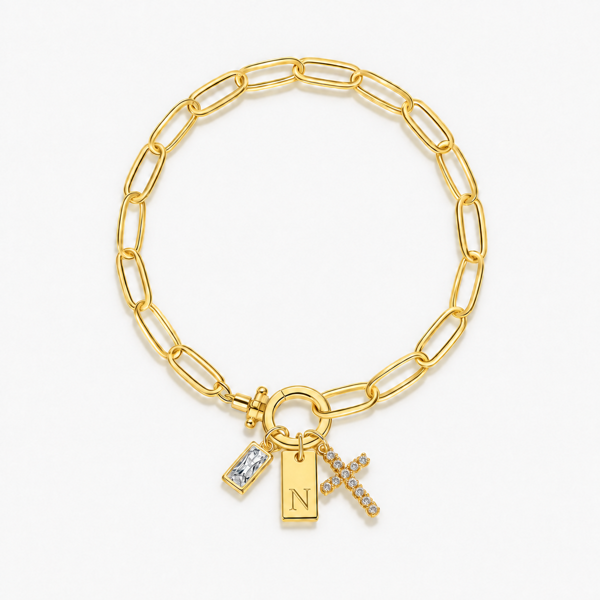 Pulseira dourada com inicial N e cruz