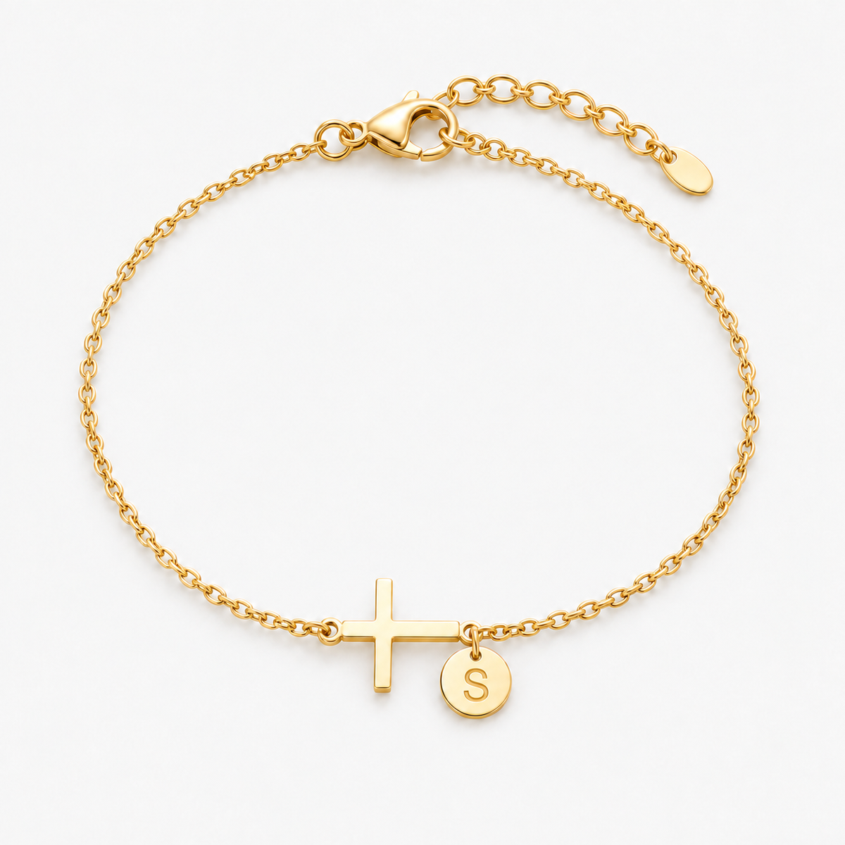 Pulseira personalizada com letra S e cruz — dourada