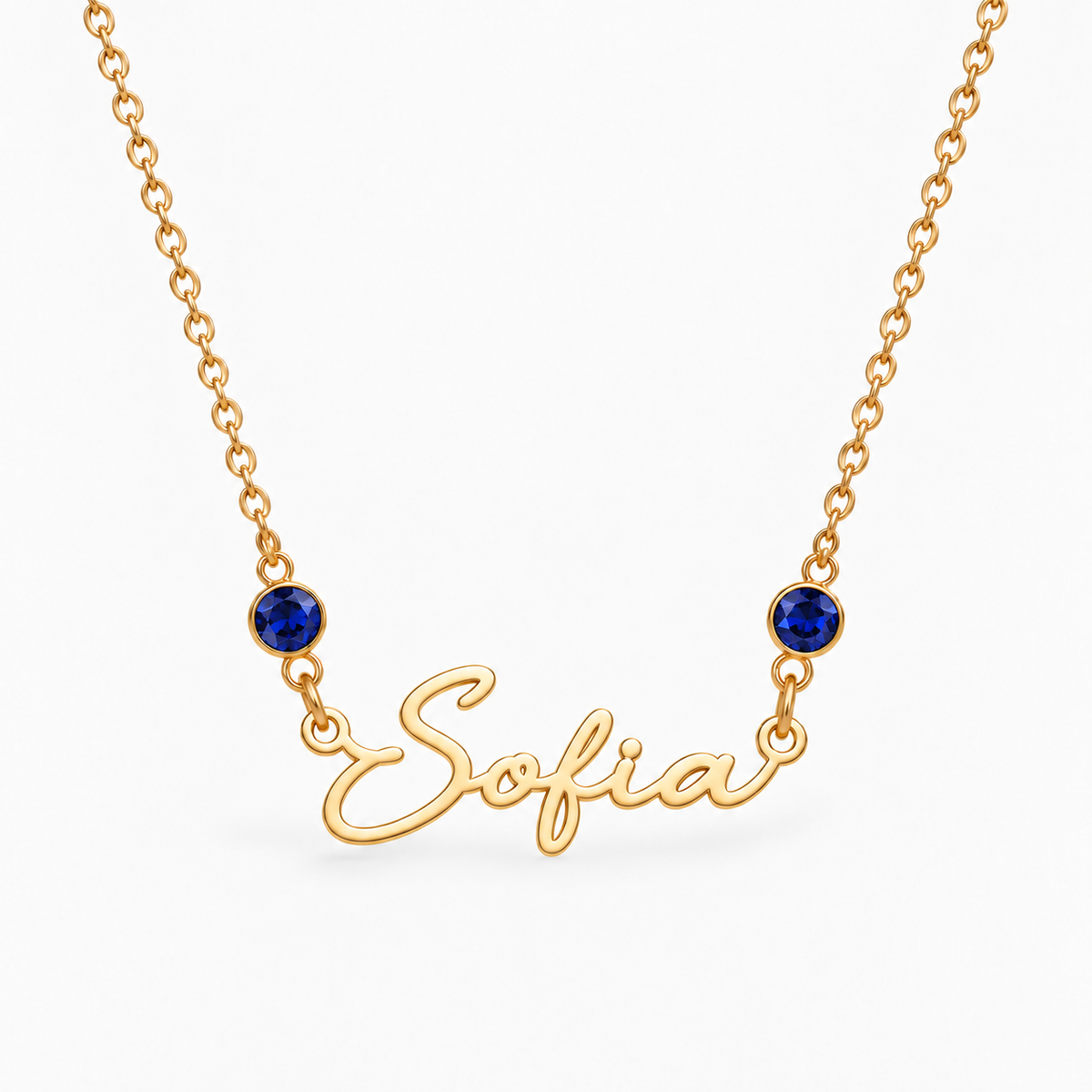 Colar dourado com nome Sofia e duas pedras de Setembro — Safira