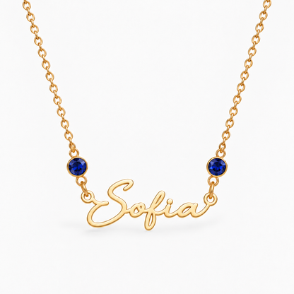 Colar dourado com nome Sofia e duas pedras de Setembro — Safira