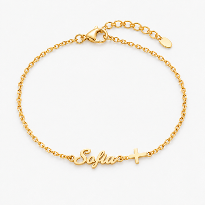 Pulseira dourada personalizada com nome Sofia e cruz