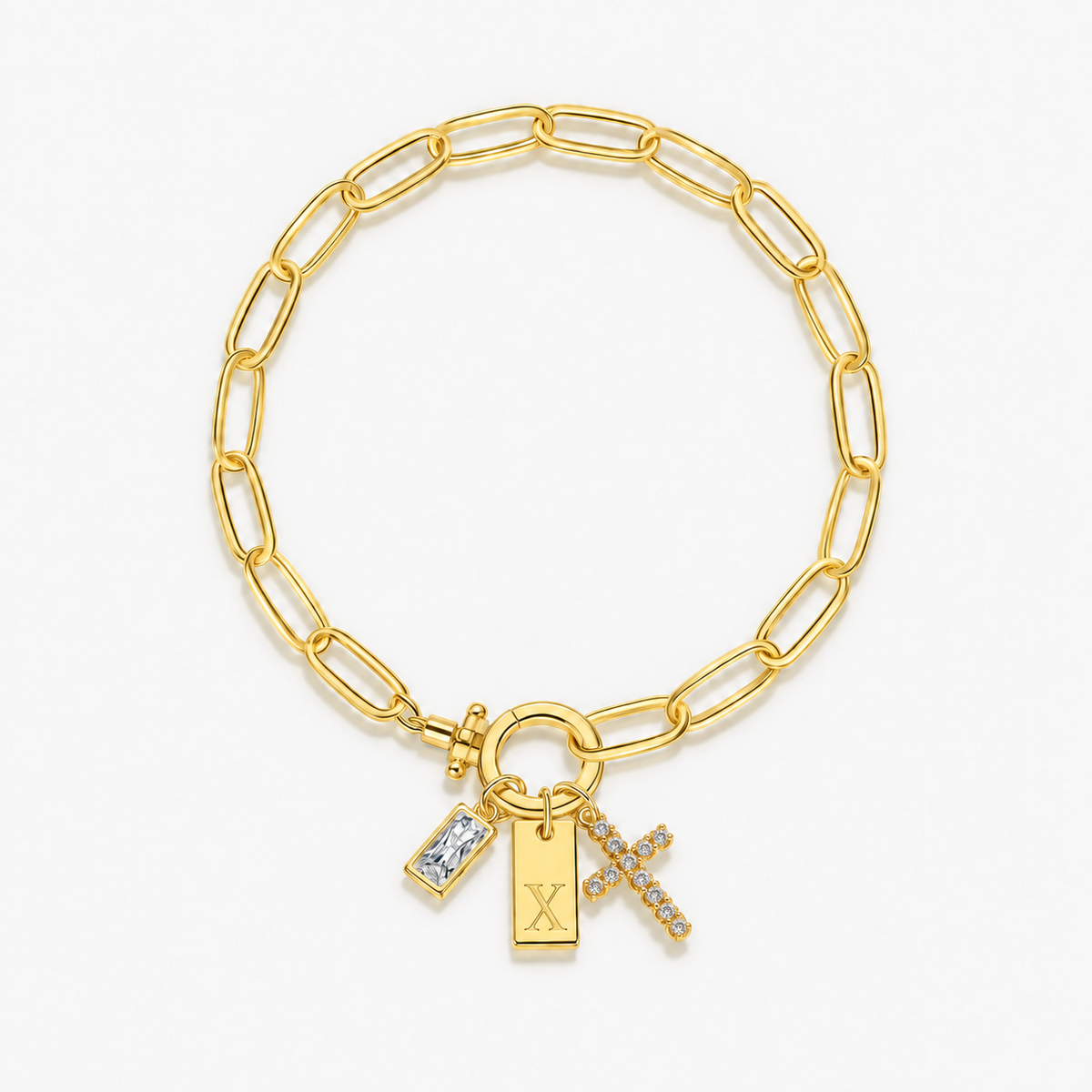 Pulseira dourada com inicial X e cruz