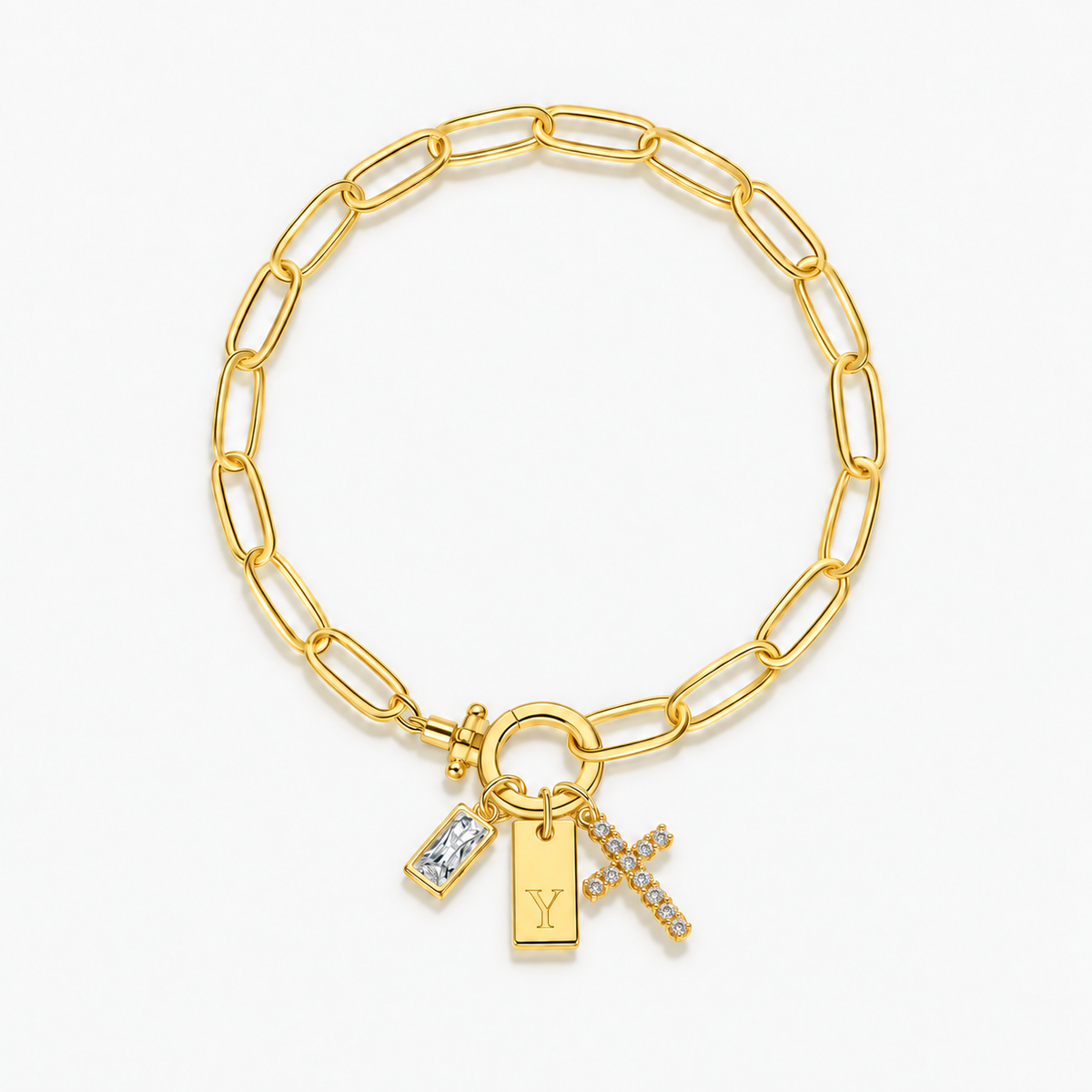 Pulseira dourada com inicial Y e cruz