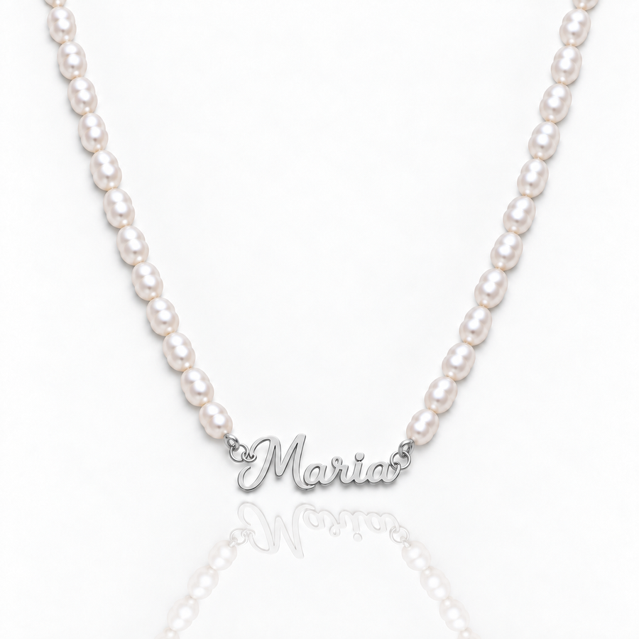 Colar personalizado com nome e pérolas — prateado — Maria