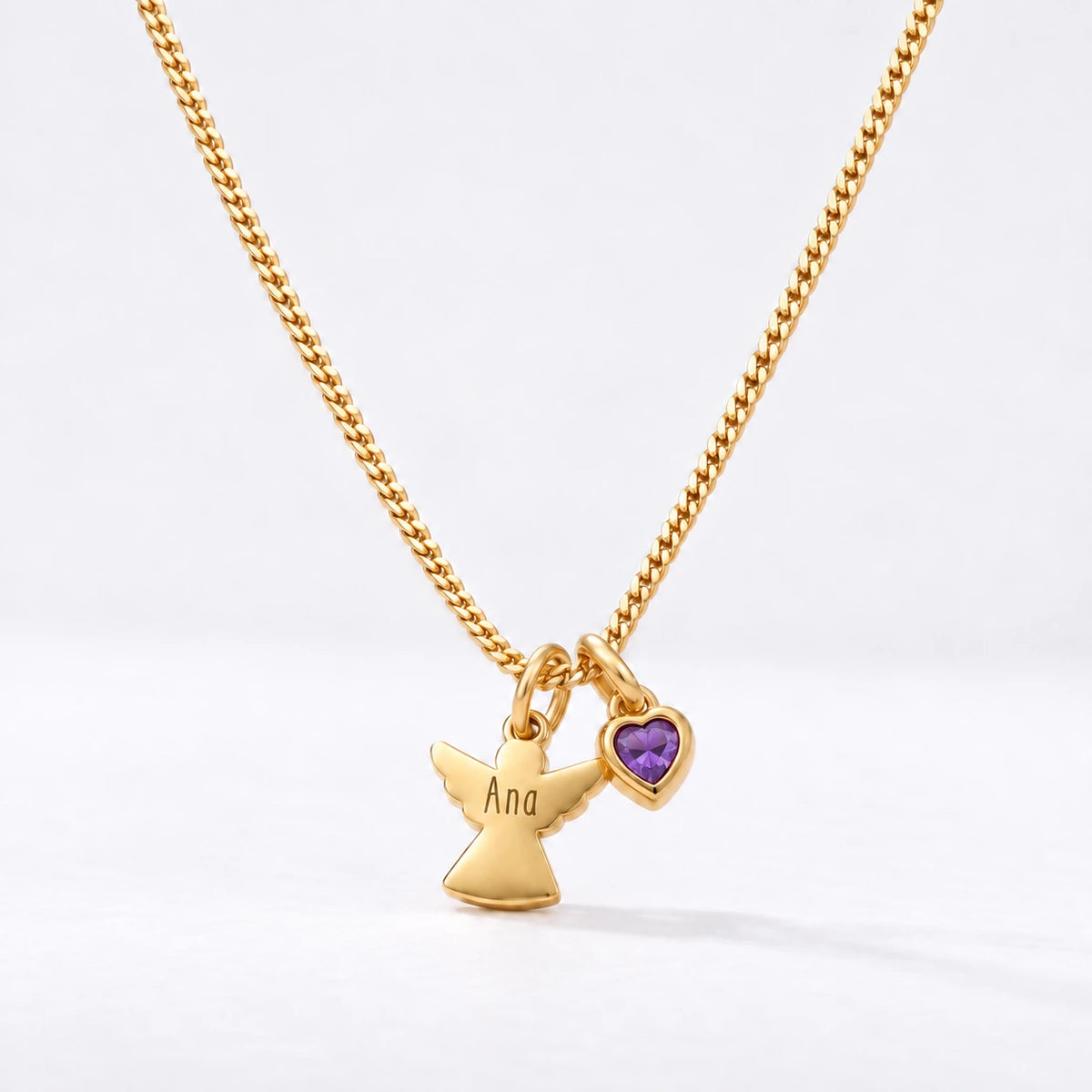 Colar Anjo com Nome dourado — Fevereiro — Ametista