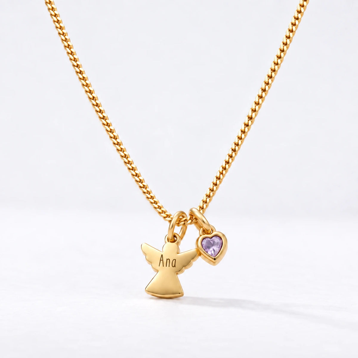 Colar Anjo com Nome dourado — Junho — Ametista Clara