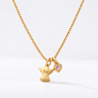 Colar Anjo com Nome dourado — Outubro — Quartzo Rosa