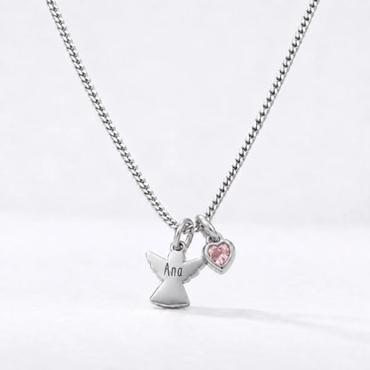 Colar Anjo com Nome prateado — Outubro — Quartzo Rosa