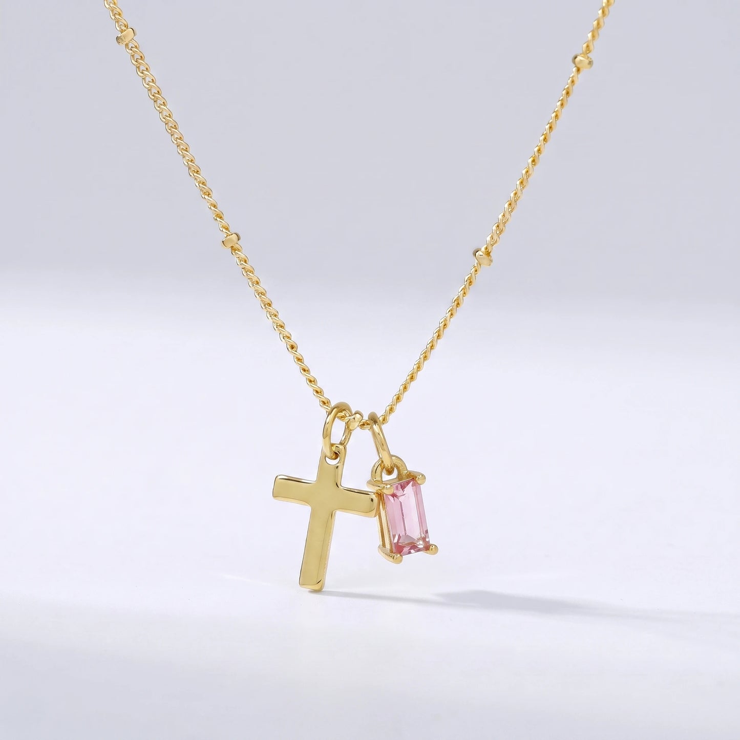 Colar cruz com pedra de nascimento Outubro — Turmalina Rosa